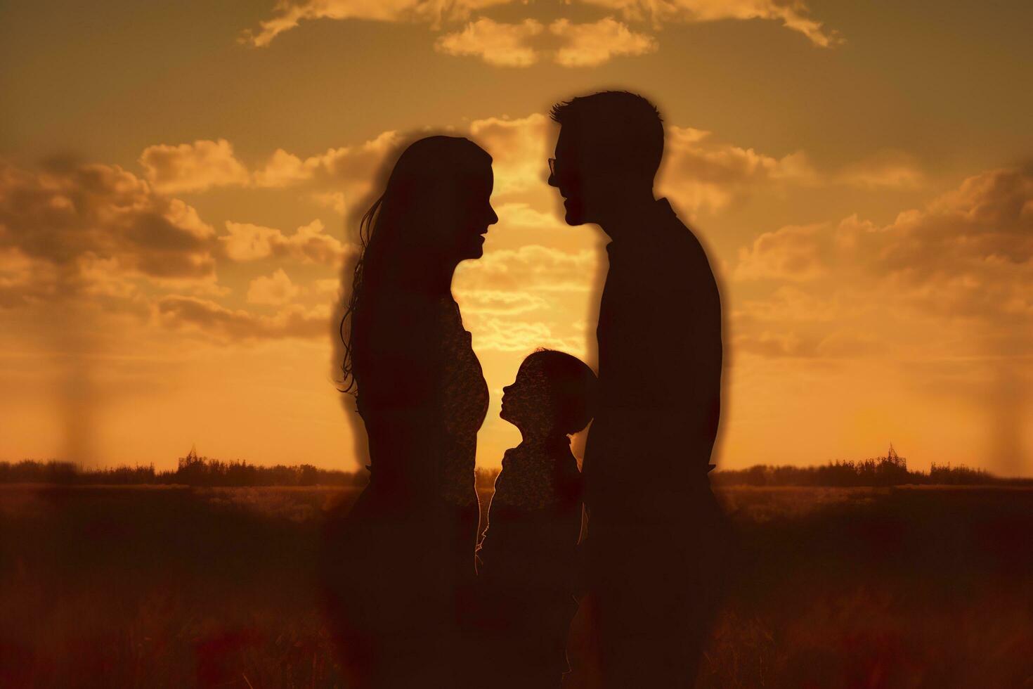 Shadow of Happy family together, parents with their little baby at sunset. A Silhouette of Love and Unity. AI Generative photo