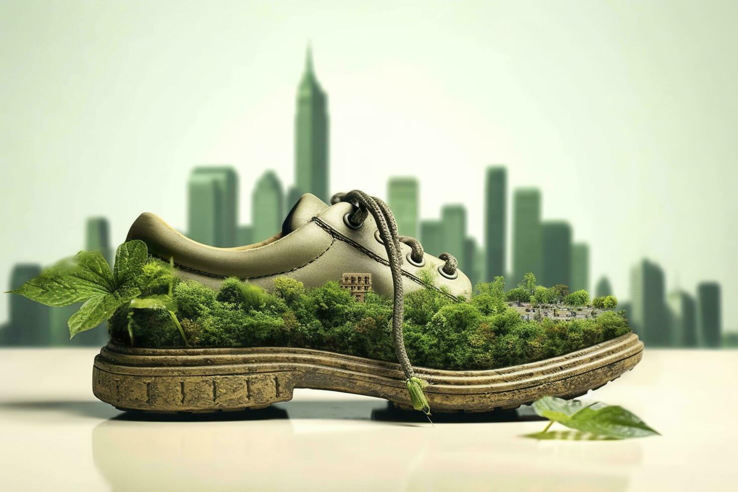 A photo was taken shoe with greenery and city , Carbon Footprint concept. AI Generative