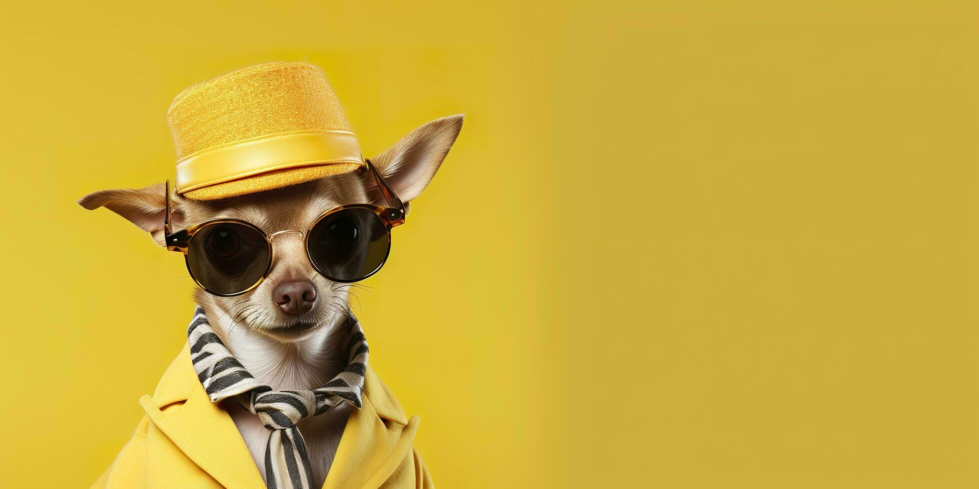 Cool looking Chihuahua dog wearing funky fashion dress. space for text right side. Generative AI photo