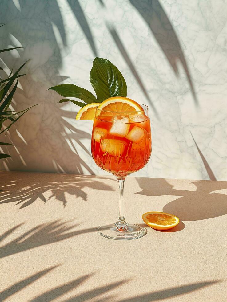 Aperol spritz summer drink in glass with shadows, tropical background. Generative AI photo