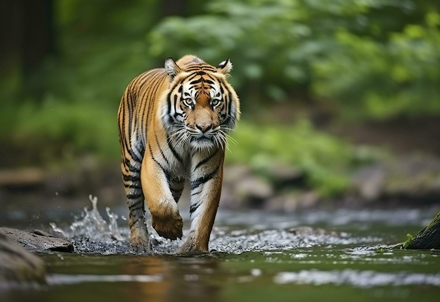 Amur tiger walking in the water. Dangerous animal.  Animal in a green forest stream. Generative AI photo