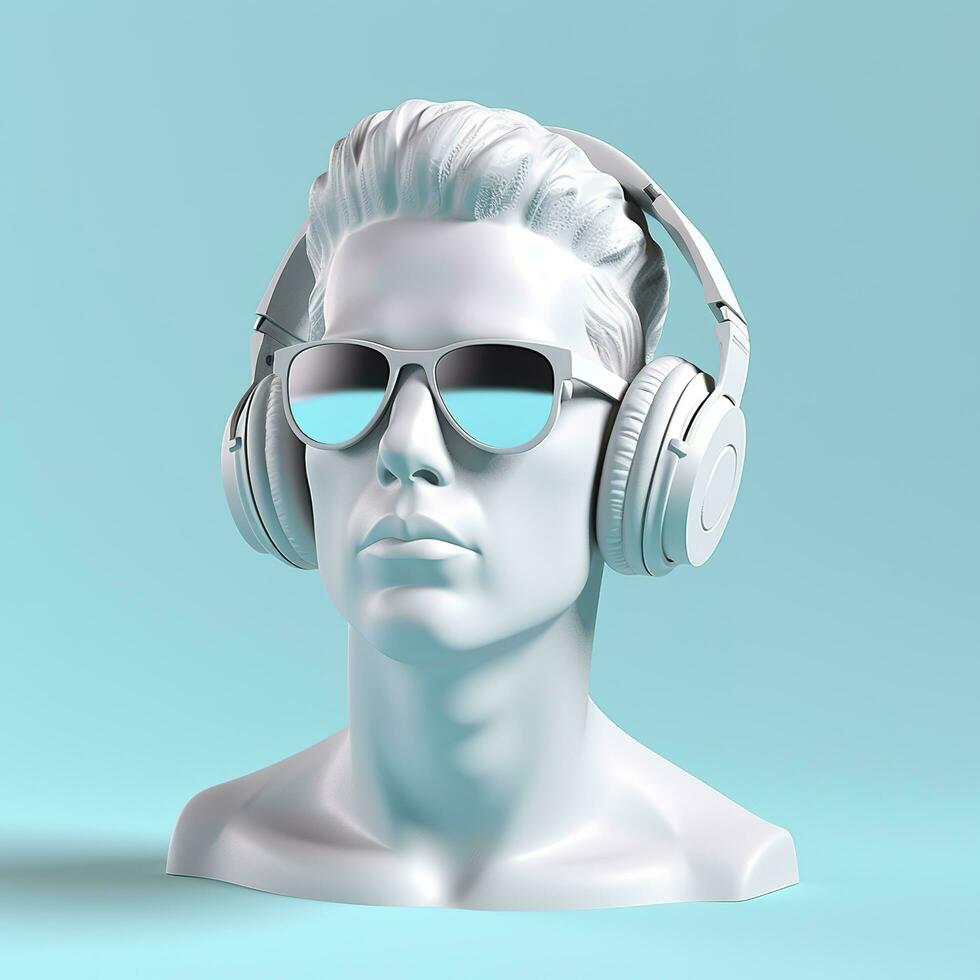 Minimal scene of sunglasses and headphones on human head sculpture, Music concept, 3d rendering. AI Generative photo