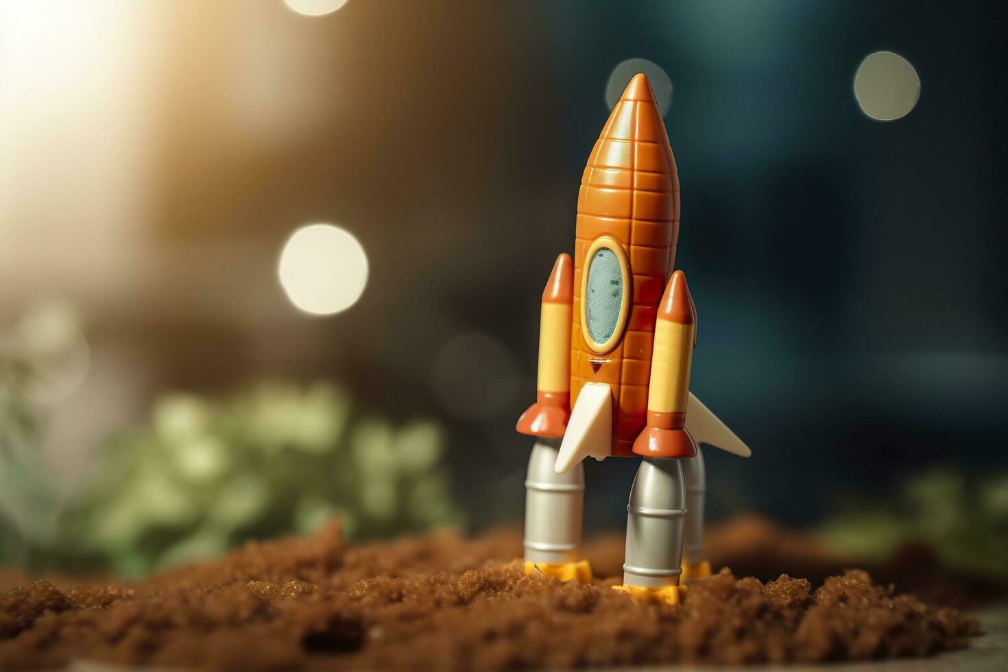 Toy rocket takes off business and finances success concept. AI Generative photo