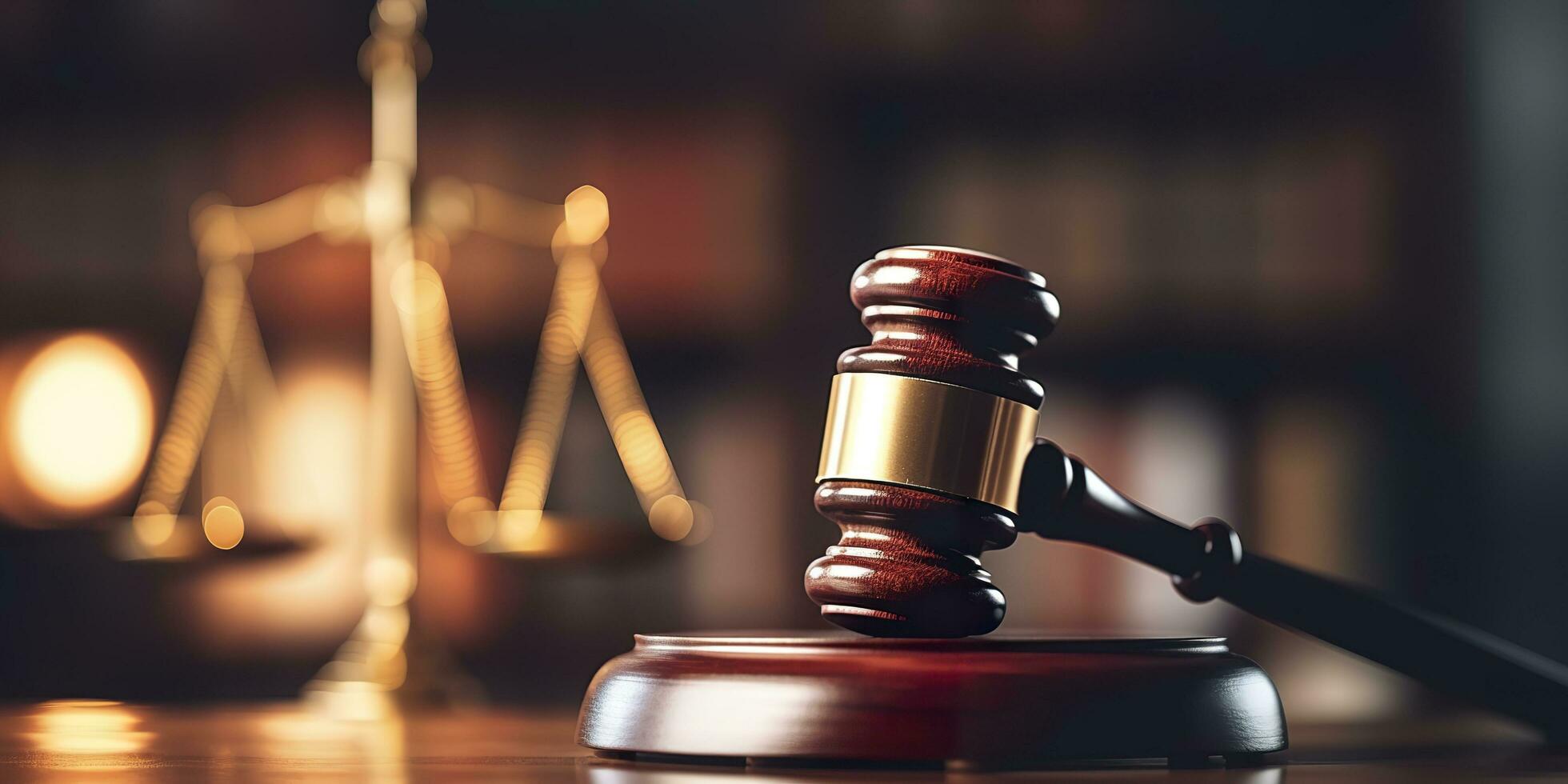 Legal law concept image gavel bokeh. law and authority lawyer concept, judgment gavel hammer in court courtroom for crime judgment legislation and judicial decision. AI Generative photo