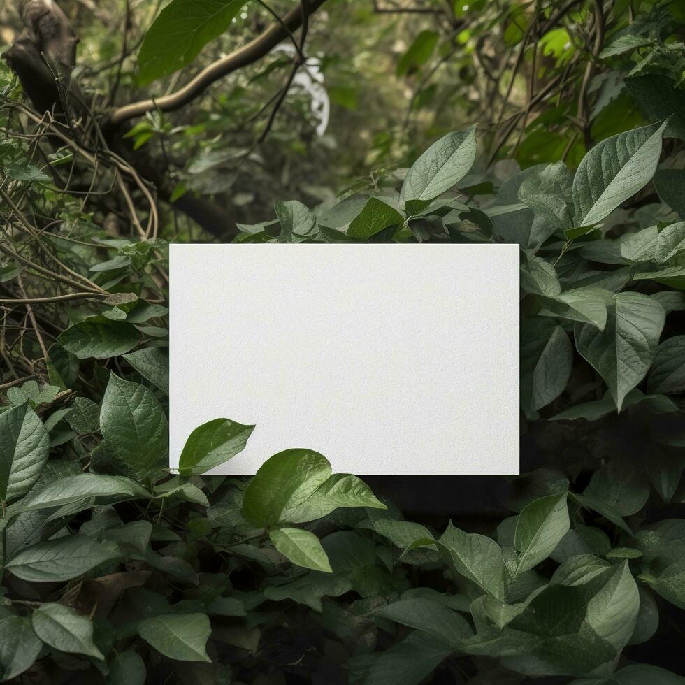 Blank business card on green leaves background. Generative AI photo