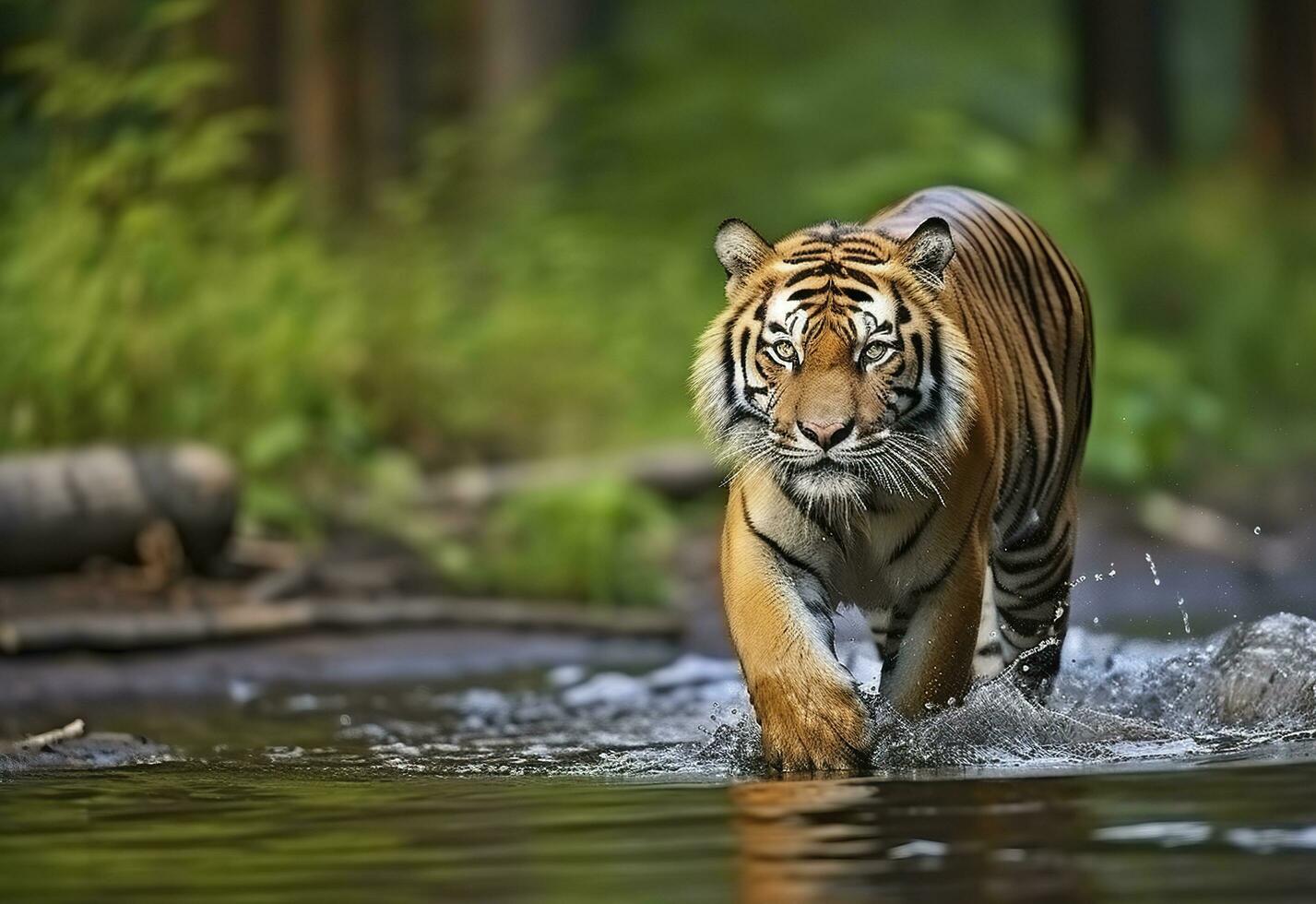 Amur tiger walking in the water. Dangerous animal.  Animal in a green forest stream. Generative AI photo