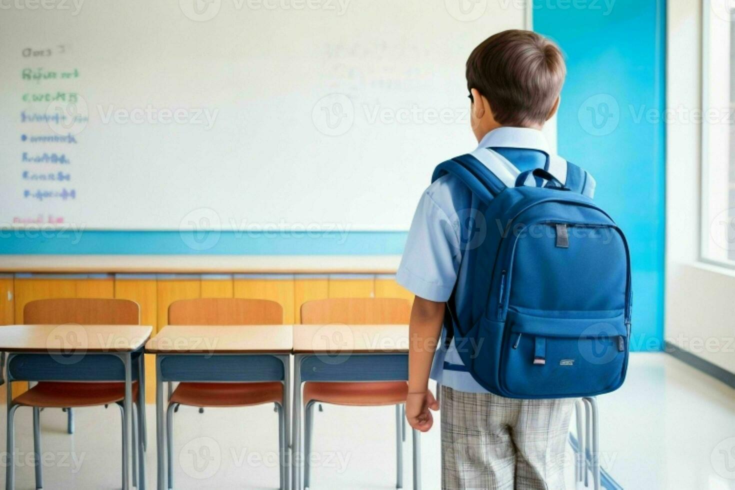 Back view of a schoolboy with a backpack standing in the classroom. Pro Photo