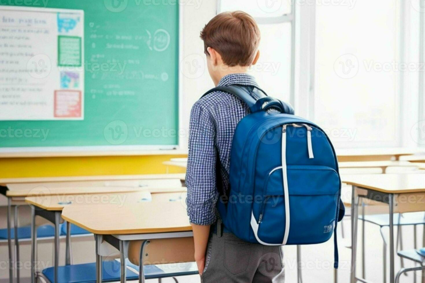 Back view of a schoolboy with a backpack standing in the classroom. Pro Photo