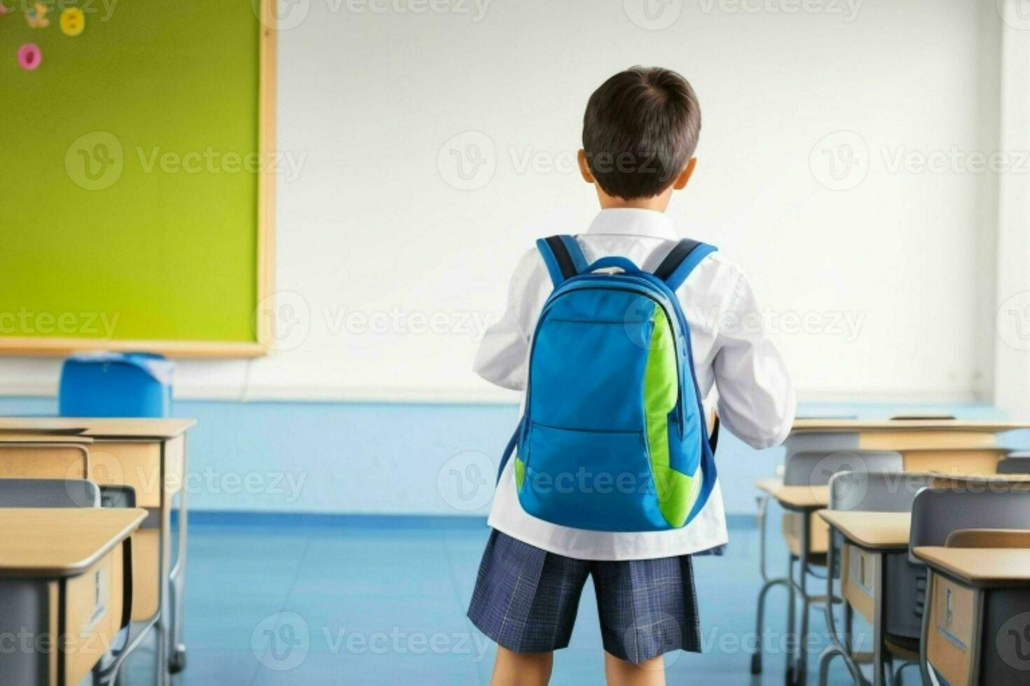 Back view of a schoolboy with a backpack standing in the classroom. Pro Photo