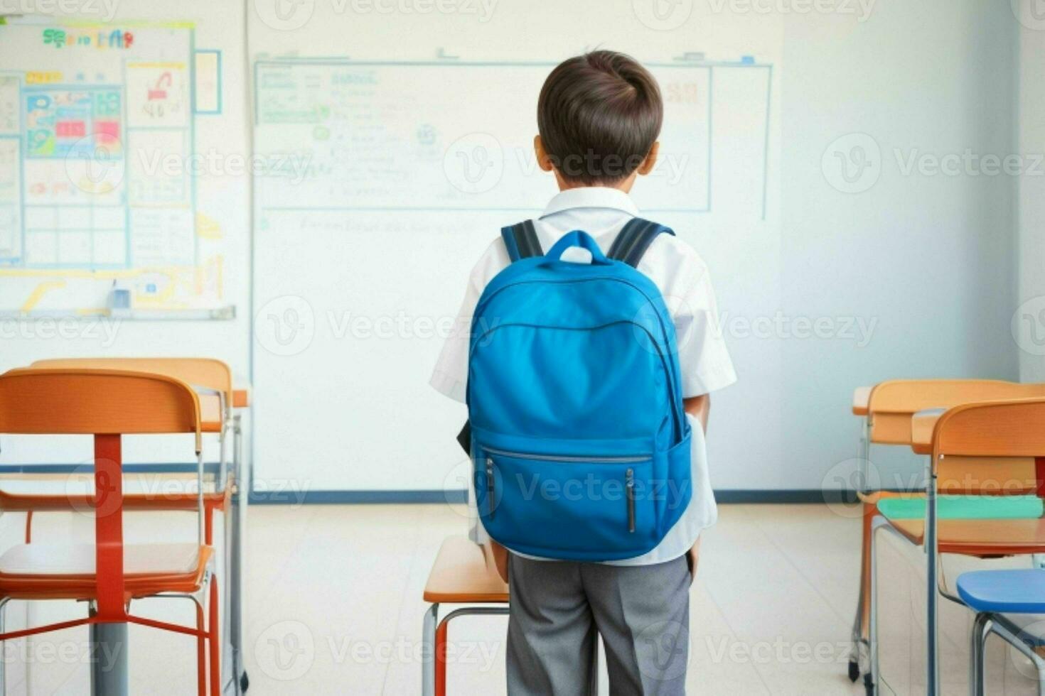 Back view of a schoolboy with a backpack standing in the classroom. Pro Photo