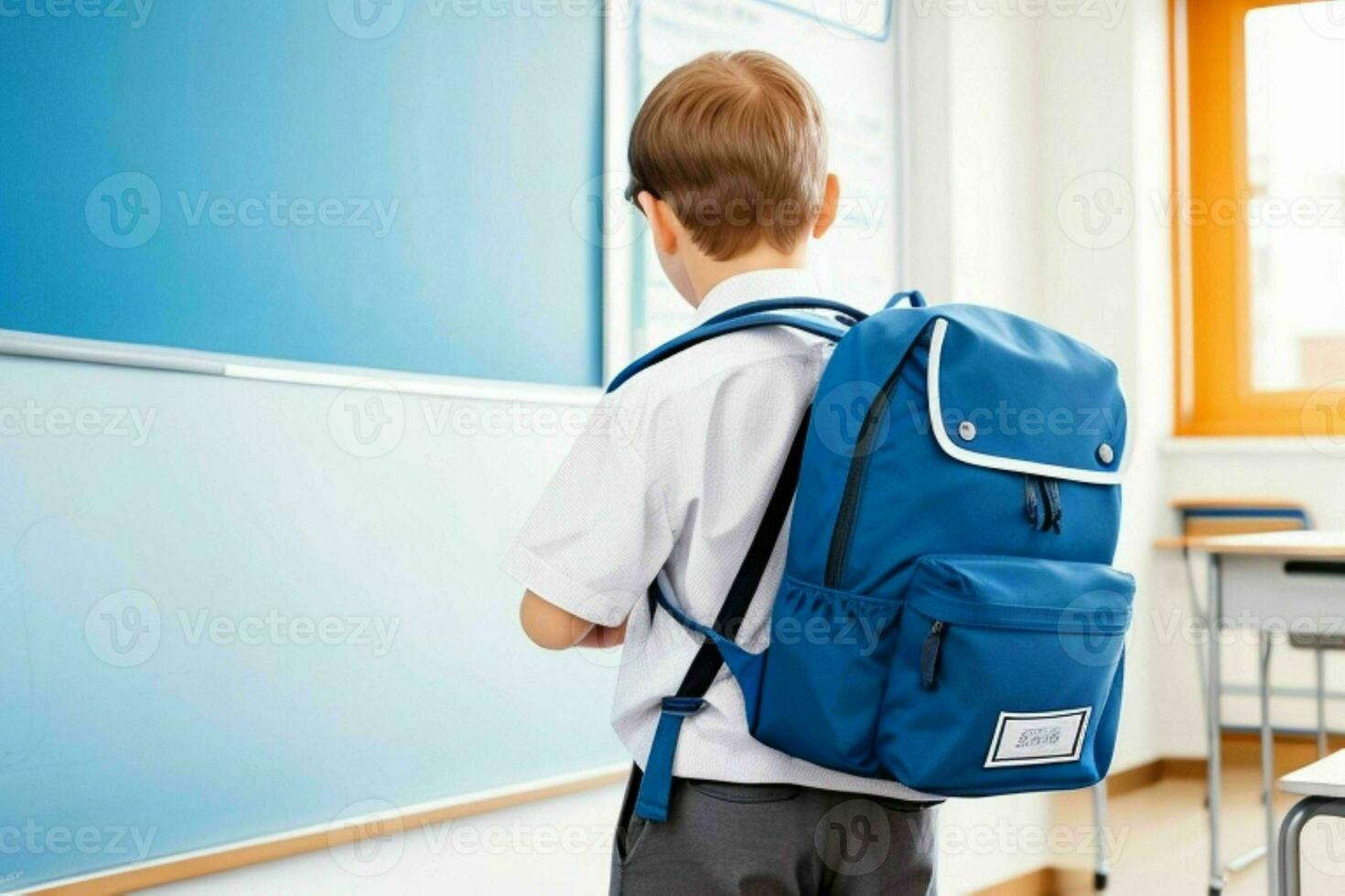 Back view of a schoolboy with a backpack standing in the classroom. Pro Photo