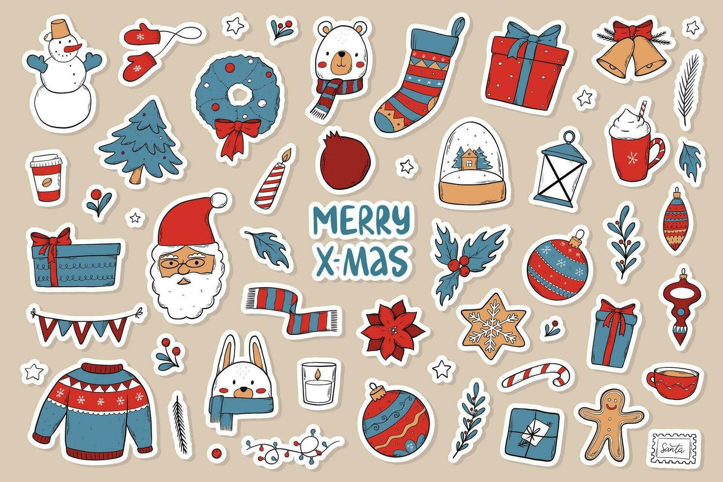 Christmas big set of hand drawn pre made stickers, cartoon elements, clip art for prints, cards, signs, posters, sublimations, etc. EPS 10 vector