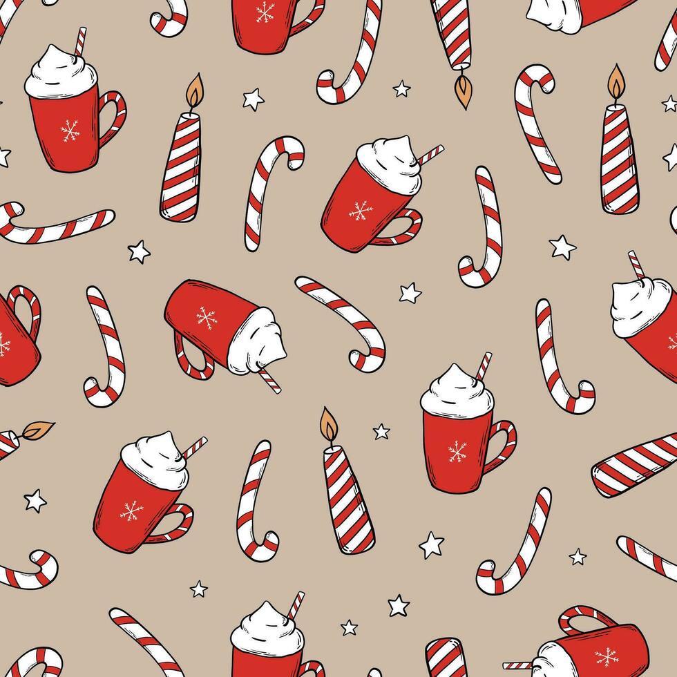 christmas seamless pattern with doodles of candles, candy canes and coffee mugs for wallpaper, scrapbooking, stationary, wrapping paper, etc. EPS 10 vector