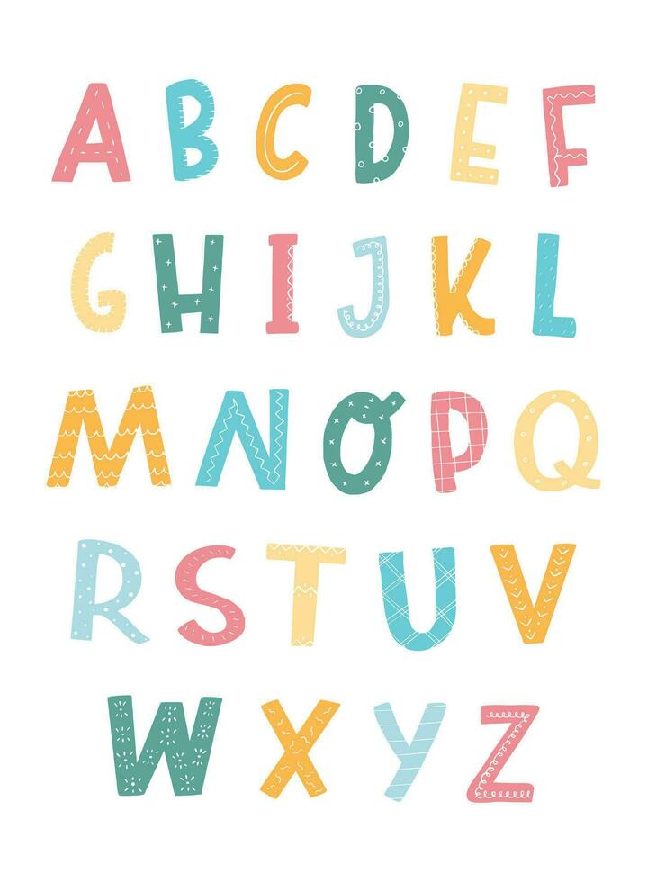 nursery alphabet poster, print, font with hand drawn capital latin letters vector