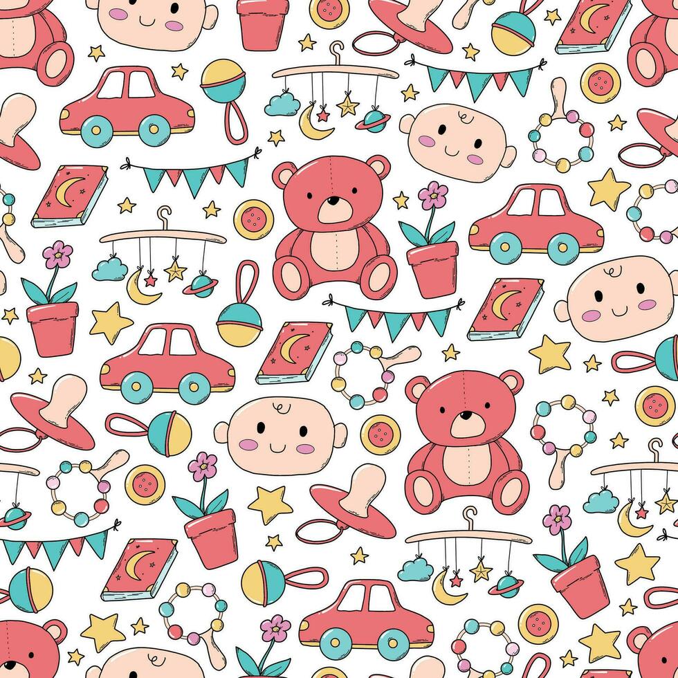 nursery seamless pattern with toys. Baby, newborn seamless pattern with doodles on white background for wallpaper, scrapbooking, wrapping paper, packaging, textile prints, etc. EPS 10 vector