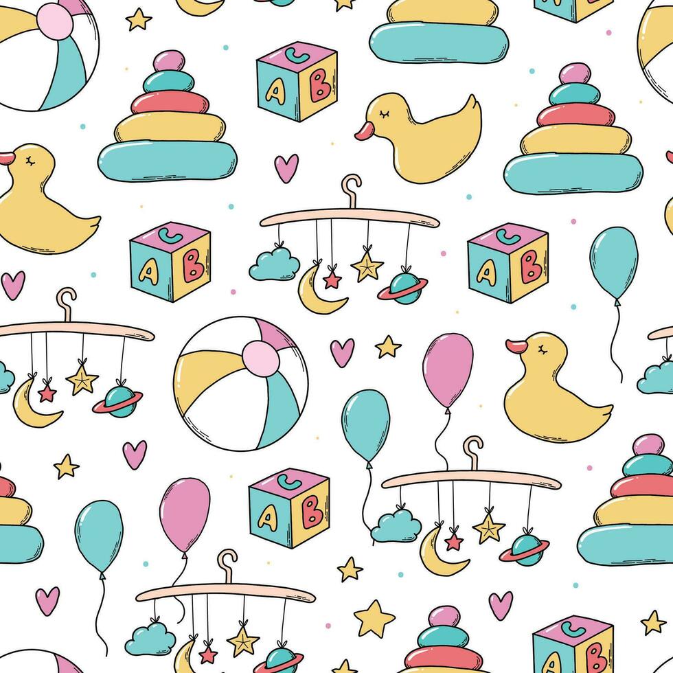 Baby's toys seamless pattern with toys and balloons on white background for nursery textile prints, wallpaper, wrapping paper, scrapbooking, stationary, etc. EPS 10 vector