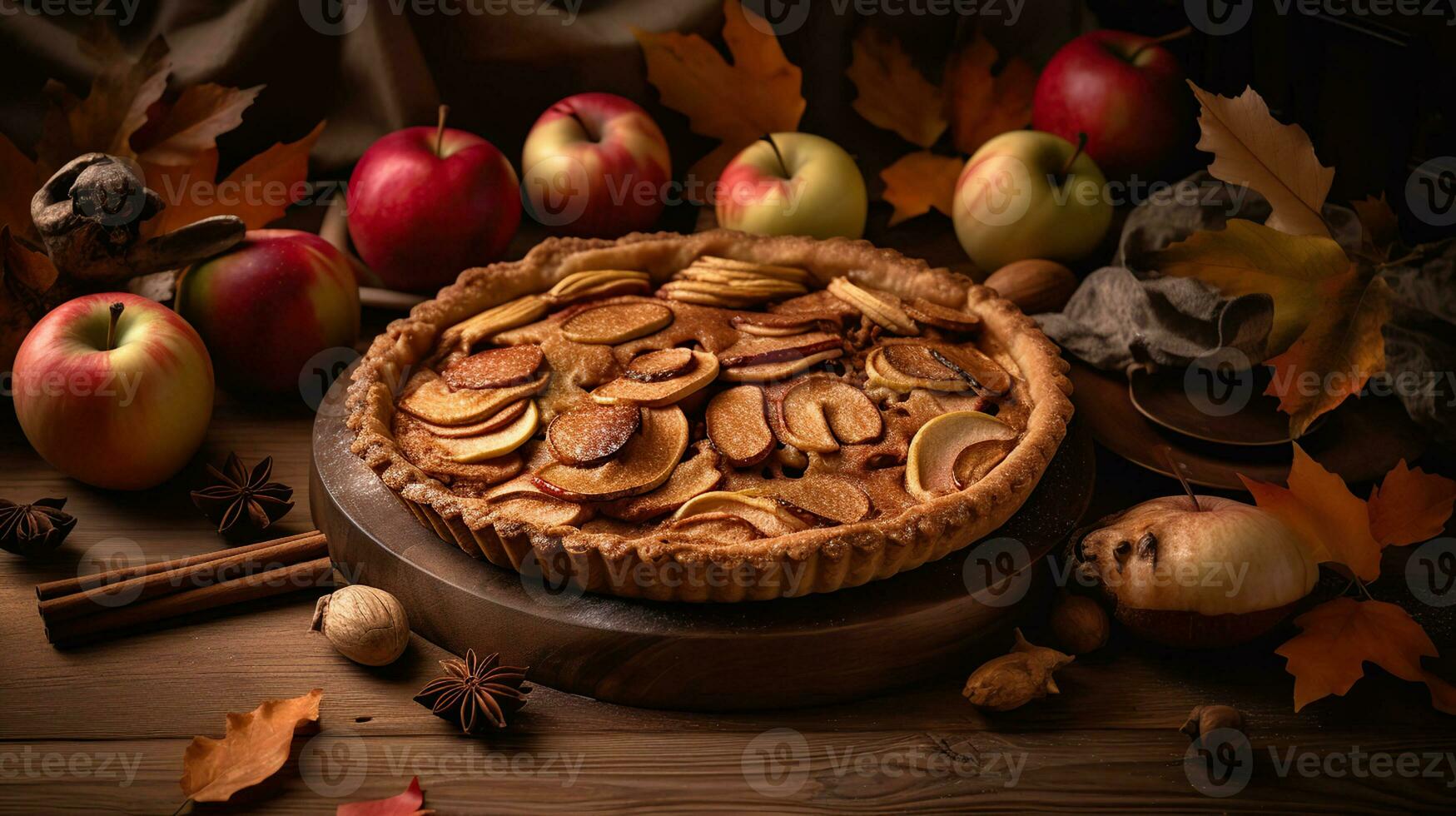 tradicional americano Gracias dando tarta con todo orgánico manzanas, canela palos en de madera mesa. hecho en casa Fruta tarta horneado a dorado corteza. cerca arriba, Copiar espacio, ai generativo foto