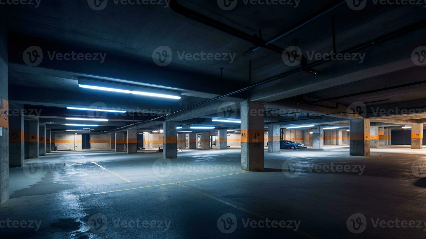 Empty shopping mall underground parking lot or garage interior with concrete stripe painted columns, generative ai photo