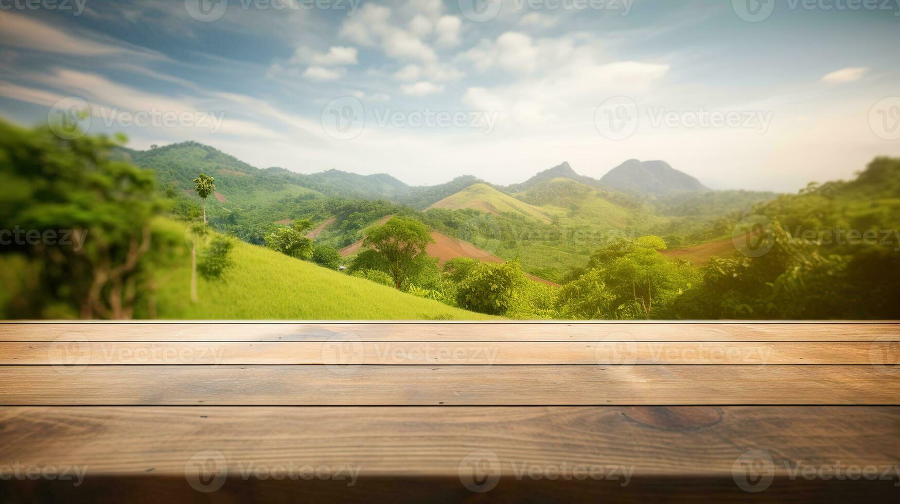 Empty wooden table and beautiful landscape on background, AI Generative photo