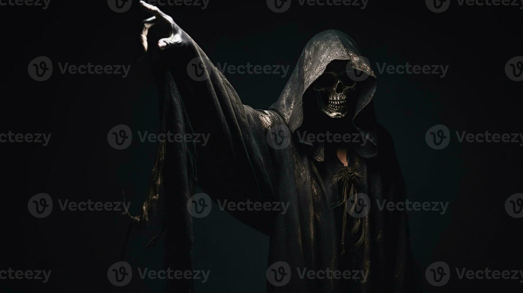 Grim Reaper extending arm towards camera against dark background with space  to add text. 27100533 Stock Photo at Vecteezy