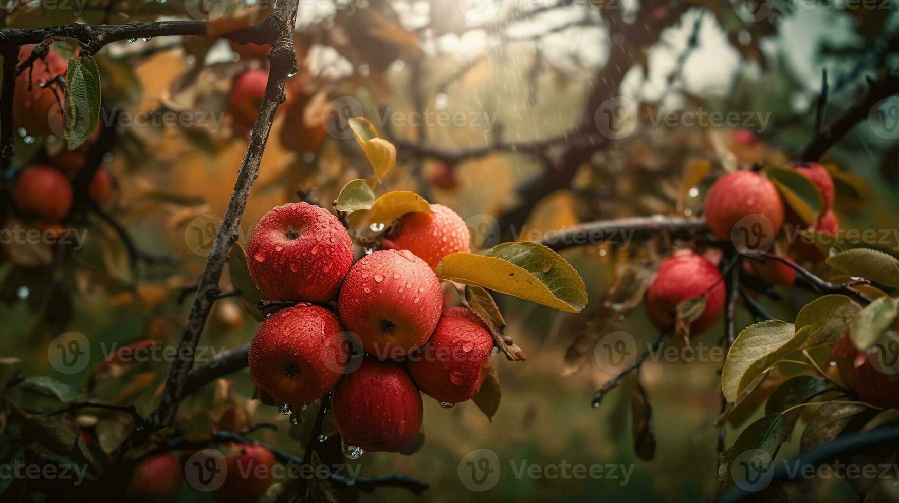 rojo manzanas en un árbol. es lloviendo fotografiado jardín, generativo ai foto