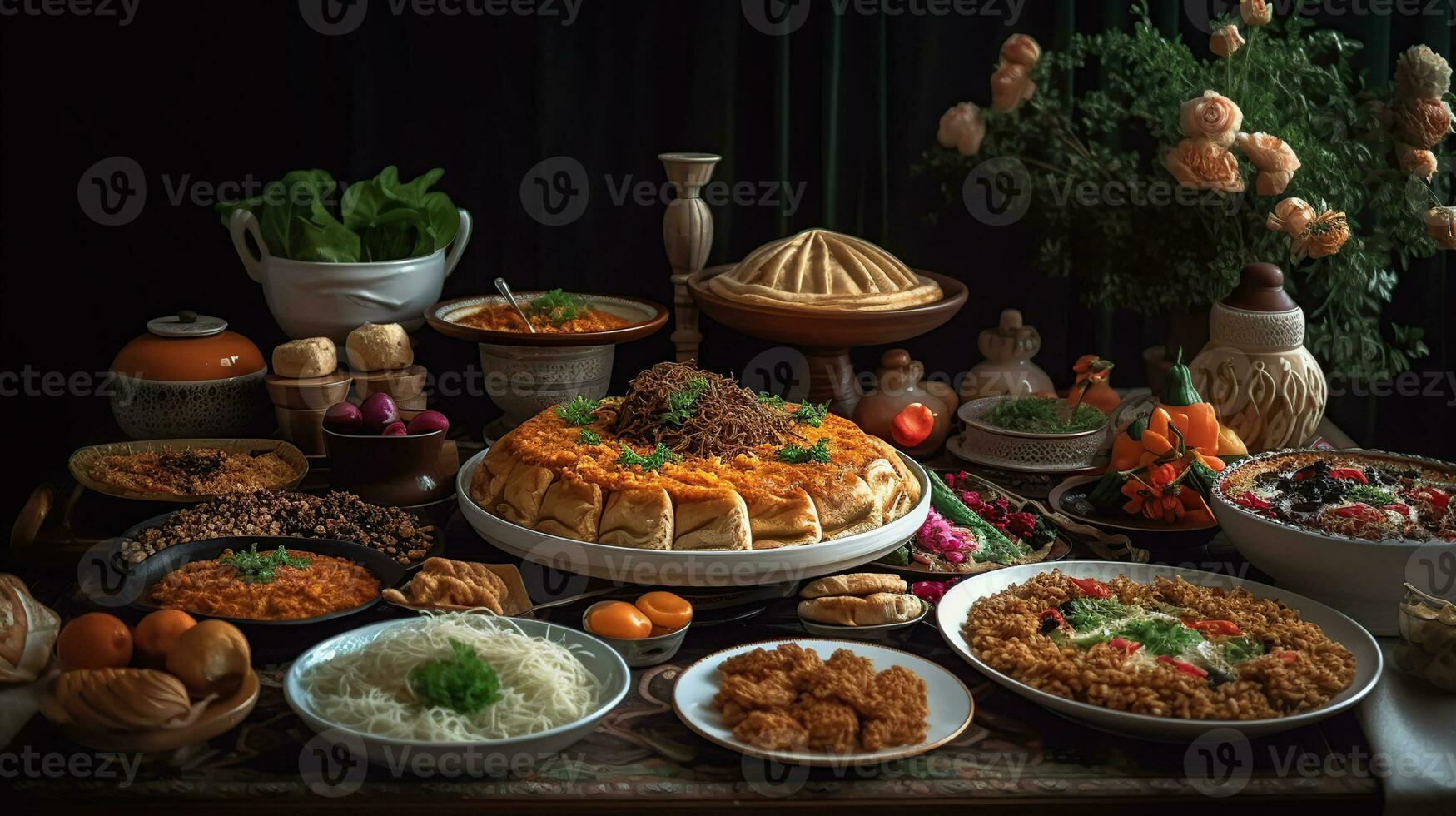 Traditional Eastern dishes on table. Celebration of Eid al-Fitr, Generative ai photo