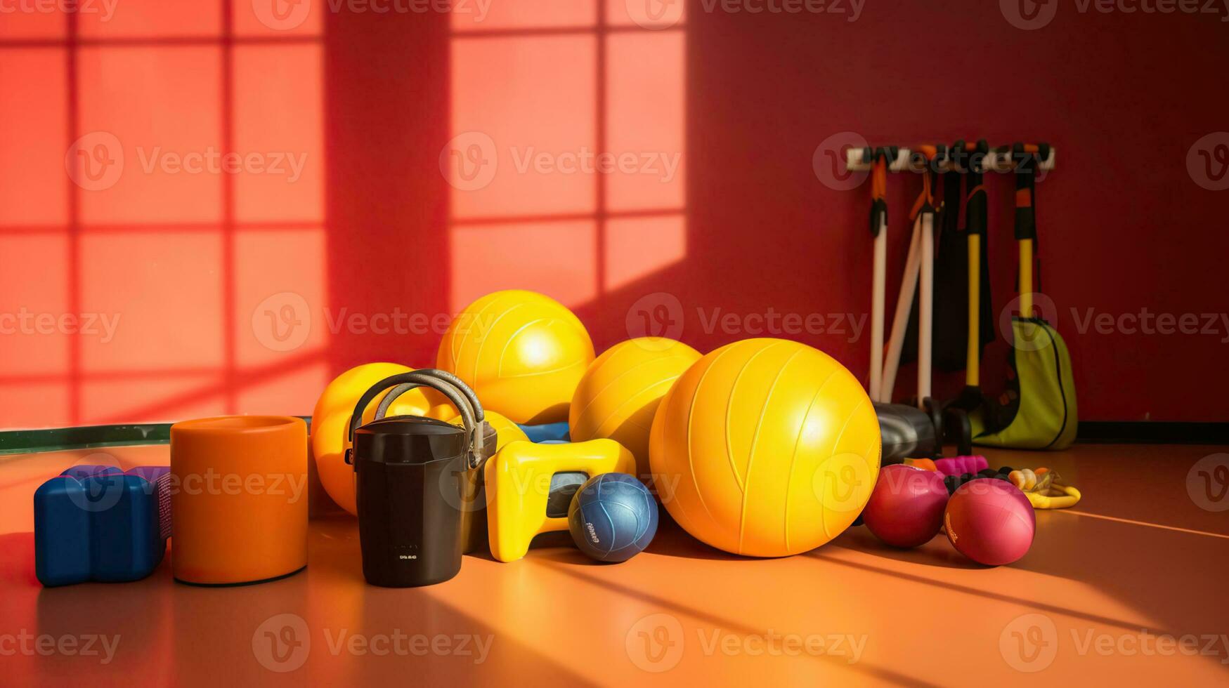 Set of sport equipment on floor near color wall. AI Generative photo