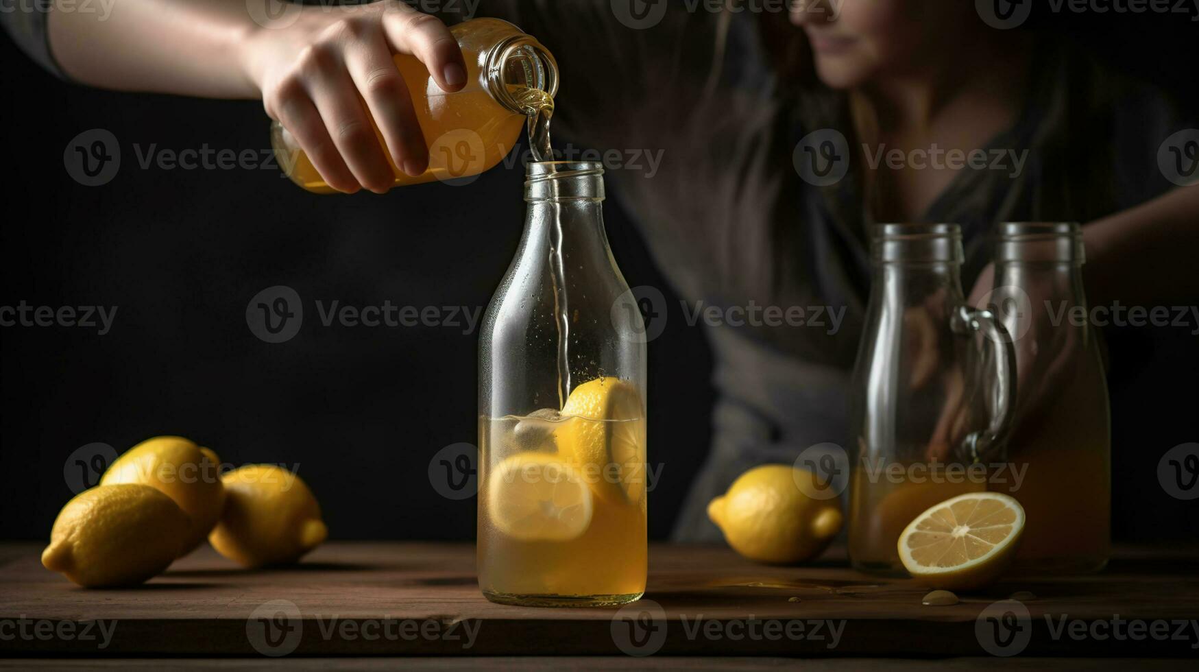 Woman pouring from bottle fresh kombucha with lemon and ginger into glass, generative ai photo