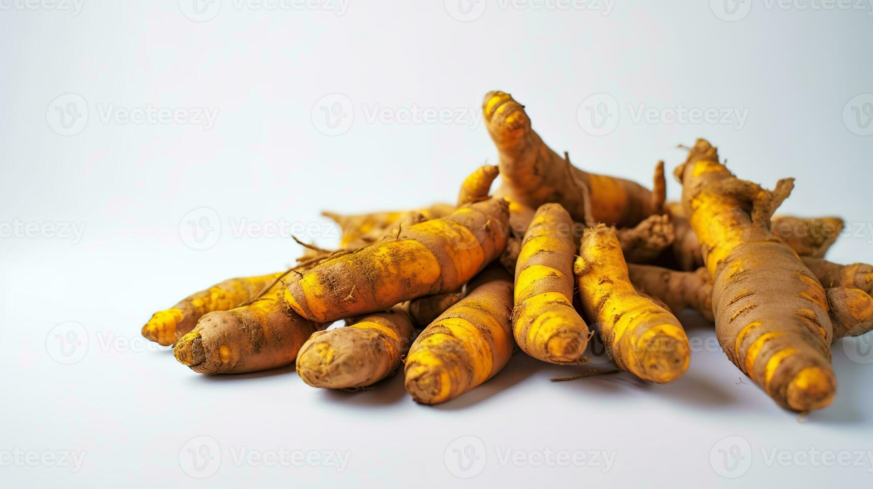 Bunch of ripe dried organic turmeric roots laid in composition on white background. Curcuma at table counter. Generative AI photo