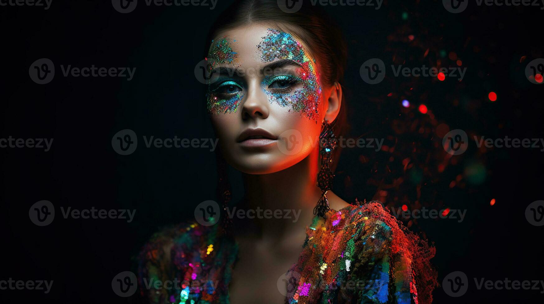 Fashion art portrait. Model girl in colorful bright sparkles and neon  lights posing in studio, beautiful woman, trendy glowing sequins make-up.  Design. Make up. Glitter Vivid makeup. Generative ai 28795049 Stock Photo