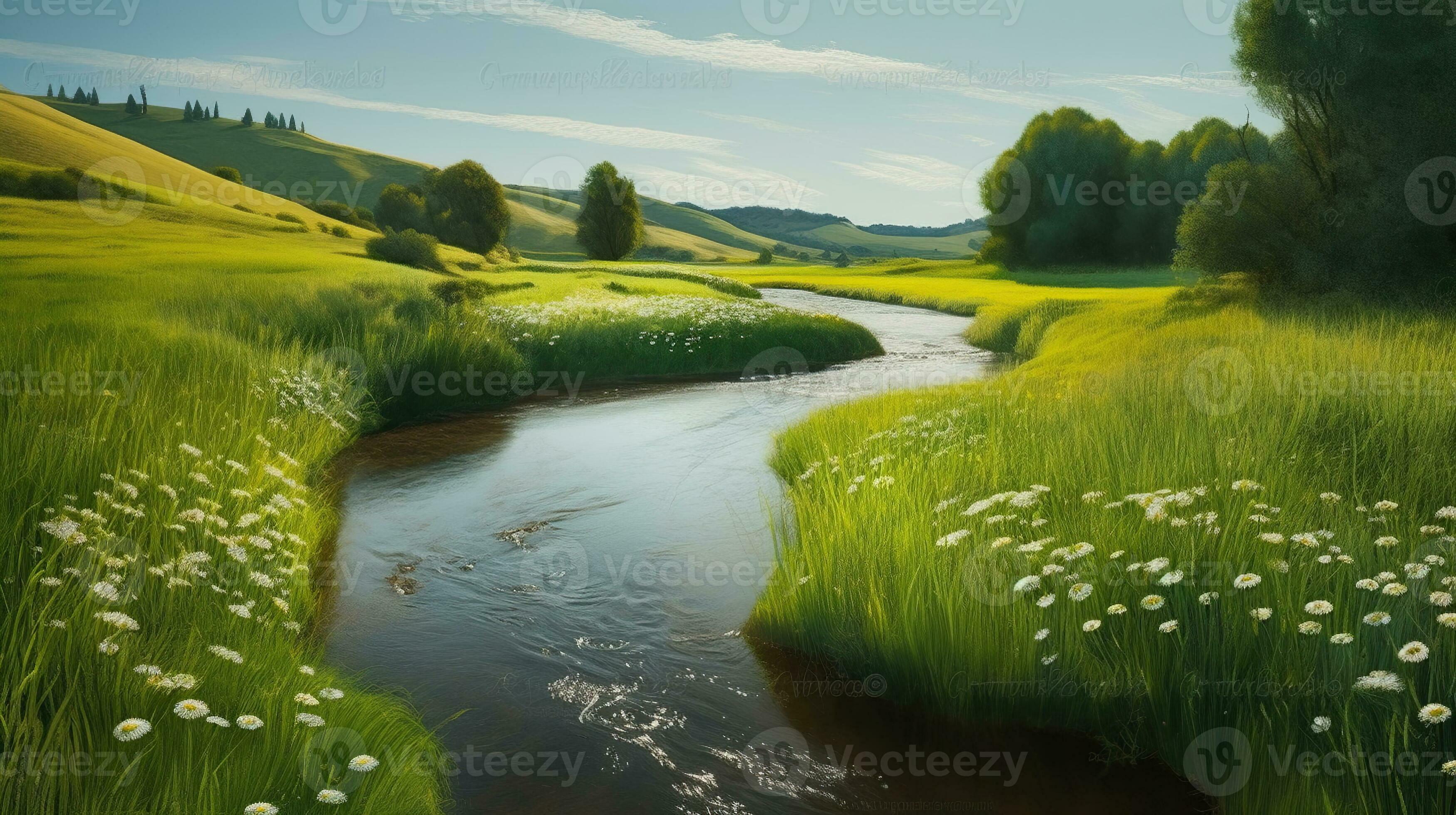 Tranquil Flow, A River Gracefully Winding through a Lush Green Meadow