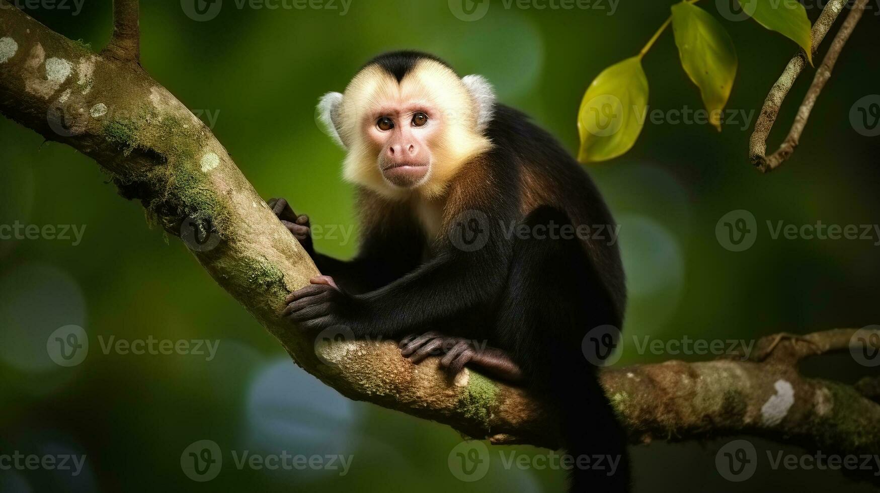 de cabeza blanca capucho, negro mono sentado en árbol rama en el oscuro tropical bosque. generativo ai foto