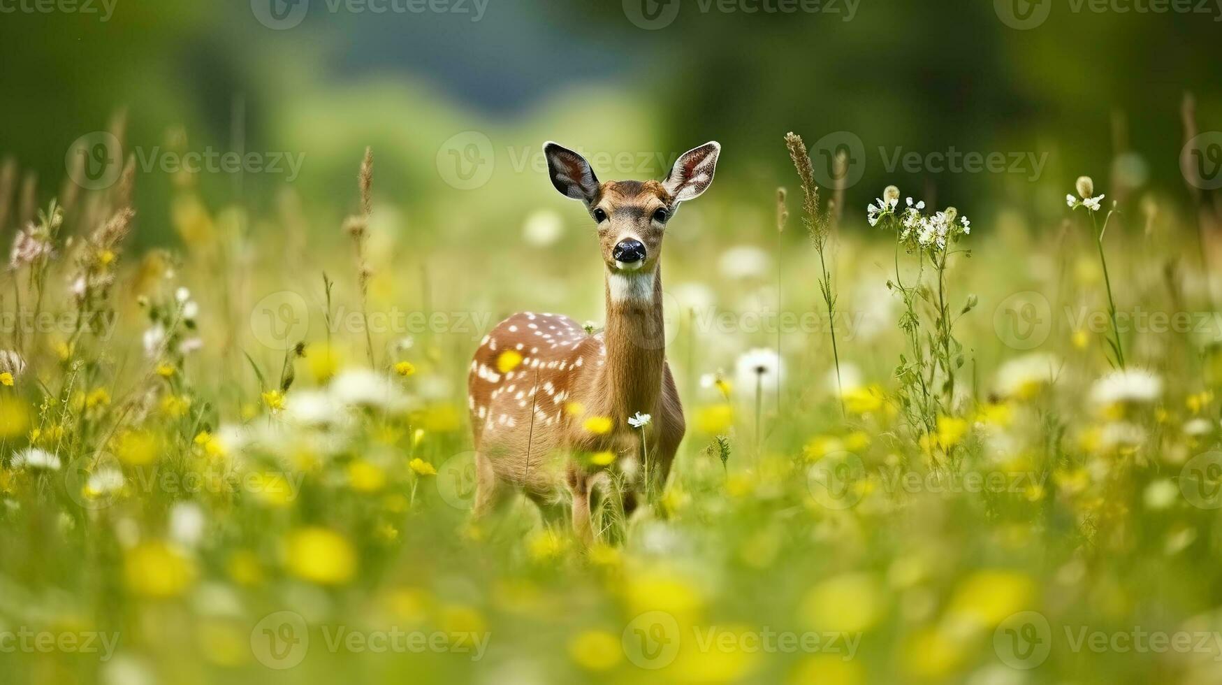 Roe deer, Capreolus capreolus, chewing green leaves. Beautiful blooming meadow with many white and yellow flowers and animal, Generative AI photo