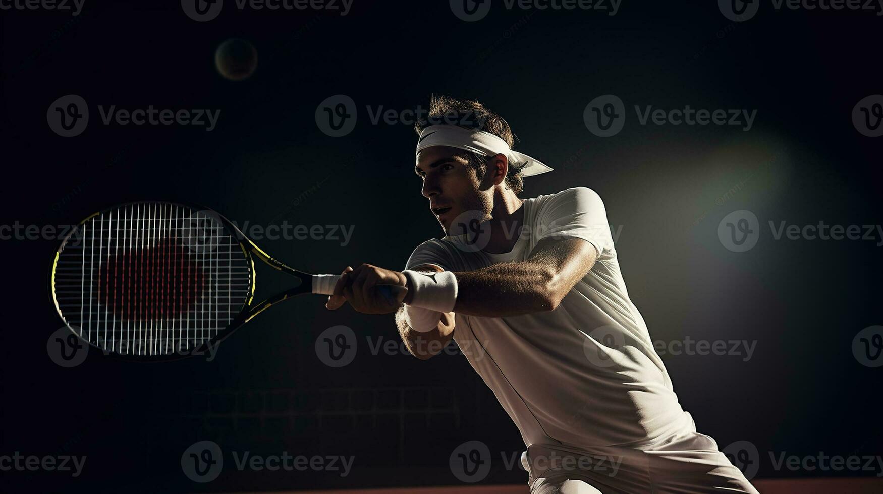 A tennis player hitting the ball next to the net. Generative AI photo