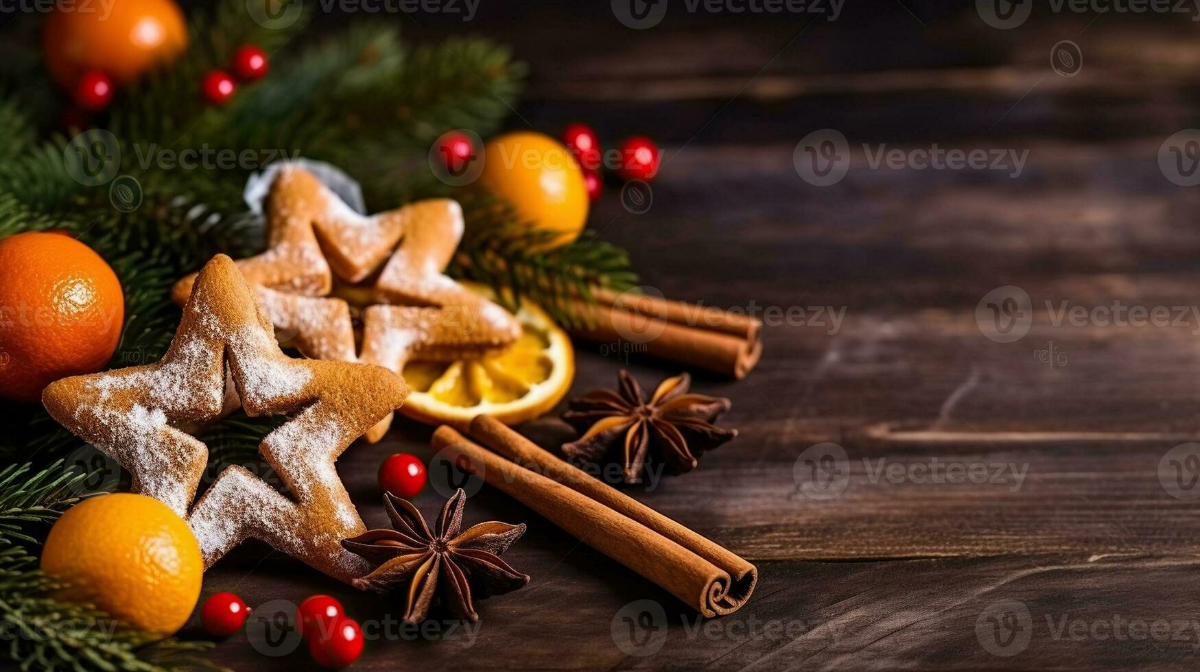 Christmas background with cinnamon stars and sticks, dried oranges and star anise, Generative AI photo