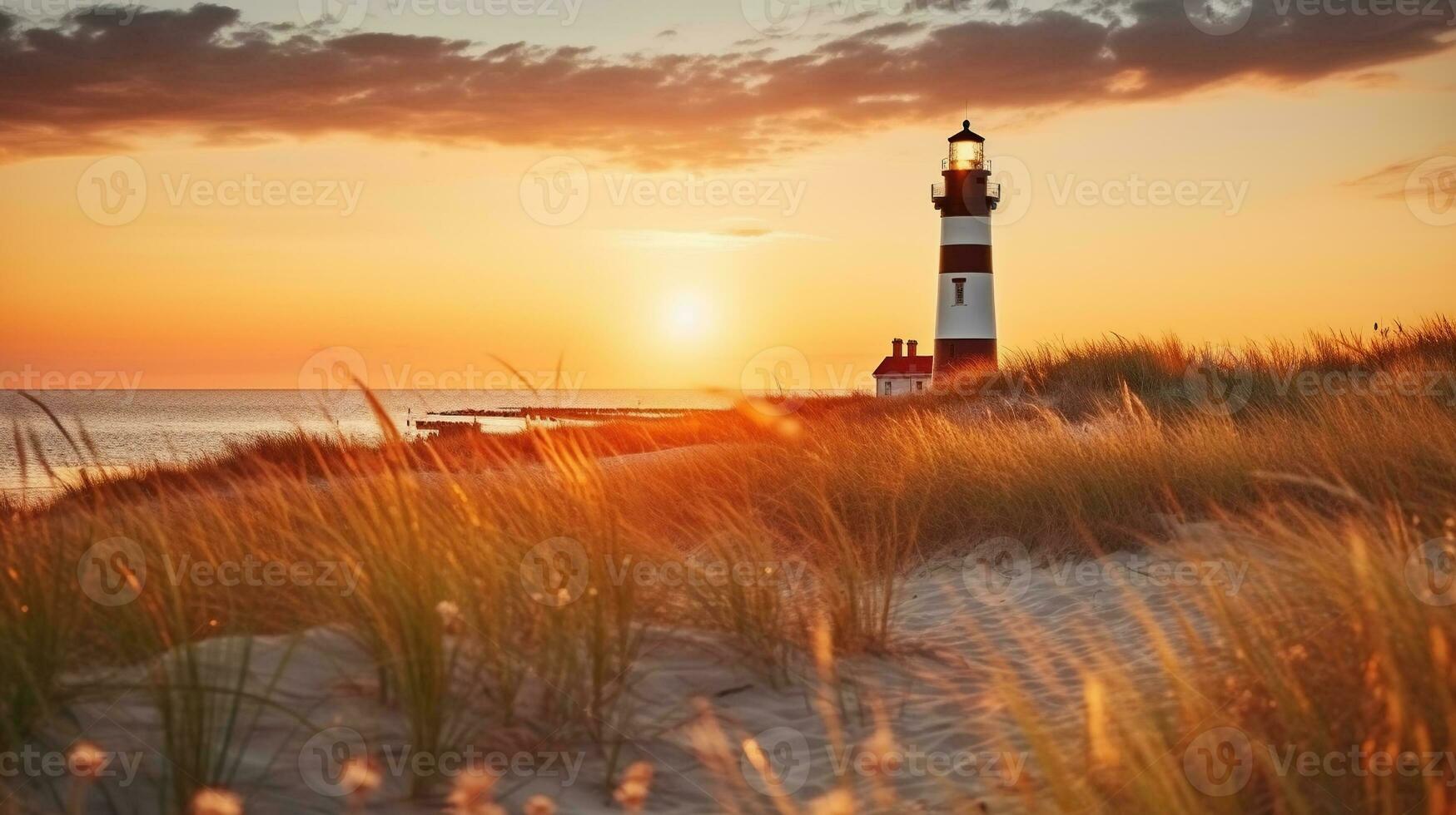 Lighthouse with illuminated grass at sunset in scene of summer beach. Generative AI photo