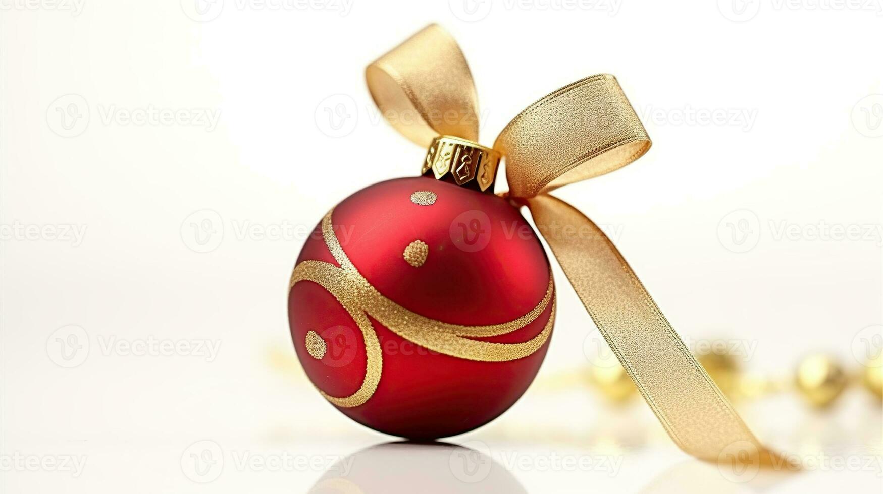 rojo Navidad pelota con oro cinta arco brillante en un blanco lienzo. generativo ai foto