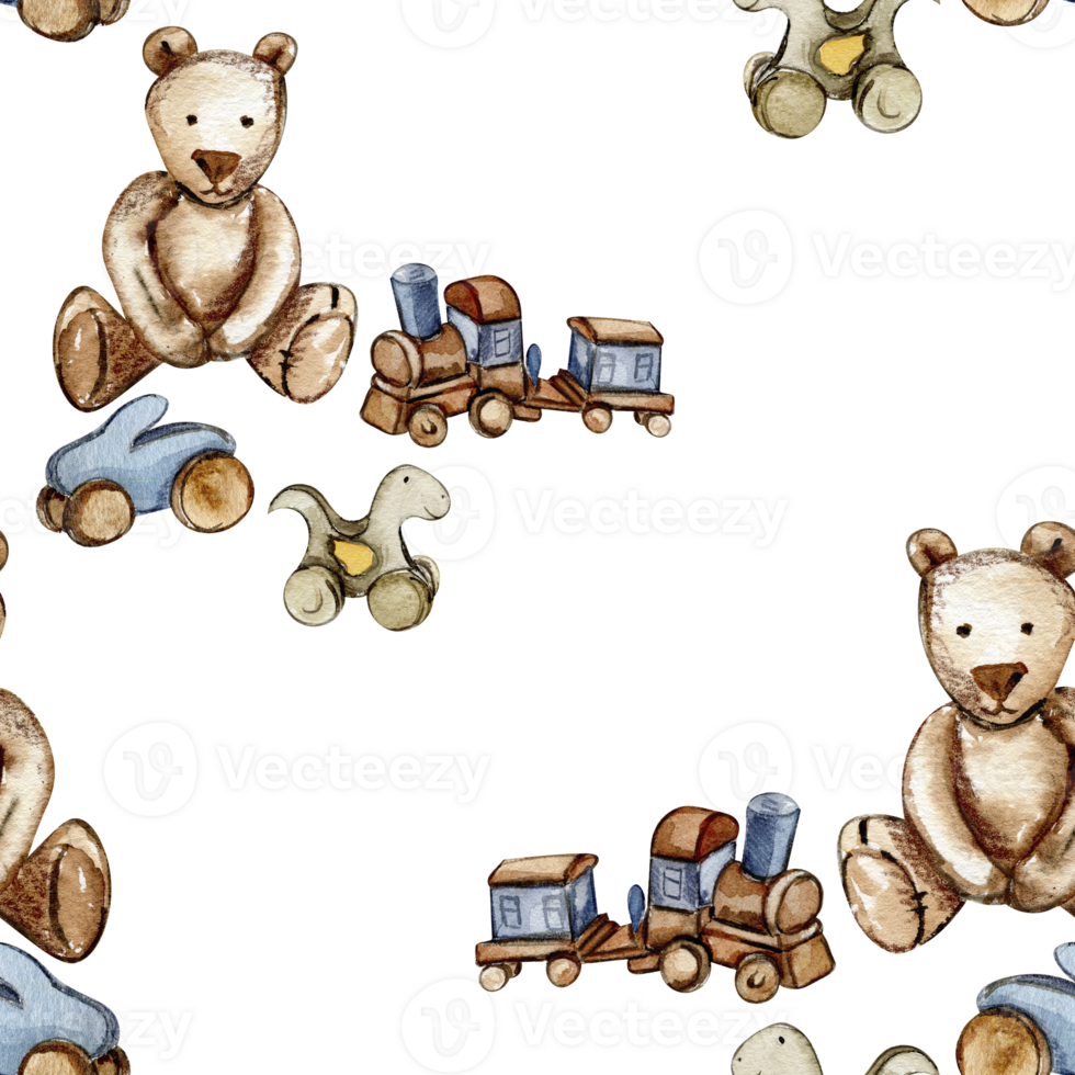 Watercolor seamless pattern, cartoon style toys for baby. png
