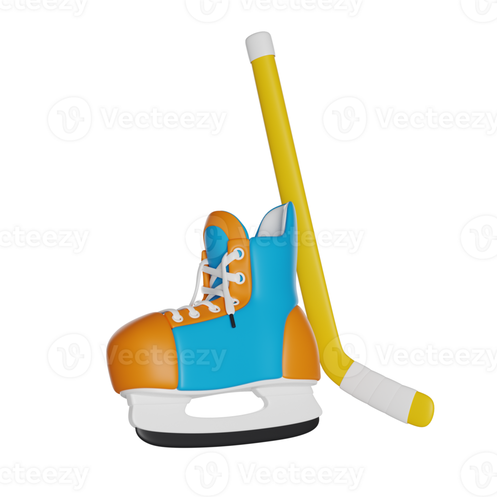 Hockey Skates 3D render icon Ice skates and stick png