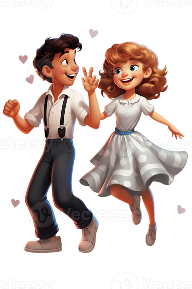 AI Generated Couple kids dancing, jumping in joy raising hands and laughing, isolated illustration, cartoon style character, transparent background png