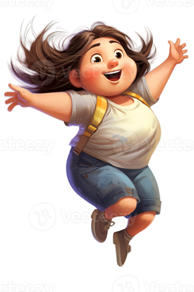 Ai Generated white kid girl dancing, jumping in joy raising hands and laughing, isolated illustration, transparent background png