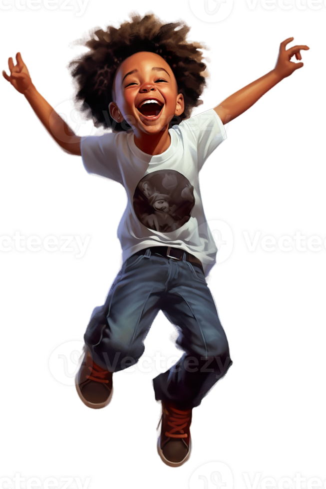 Black kid boy dancing, jumping in joy raising hands and laughing, isolated illustration, cartoon style character, transparent background png