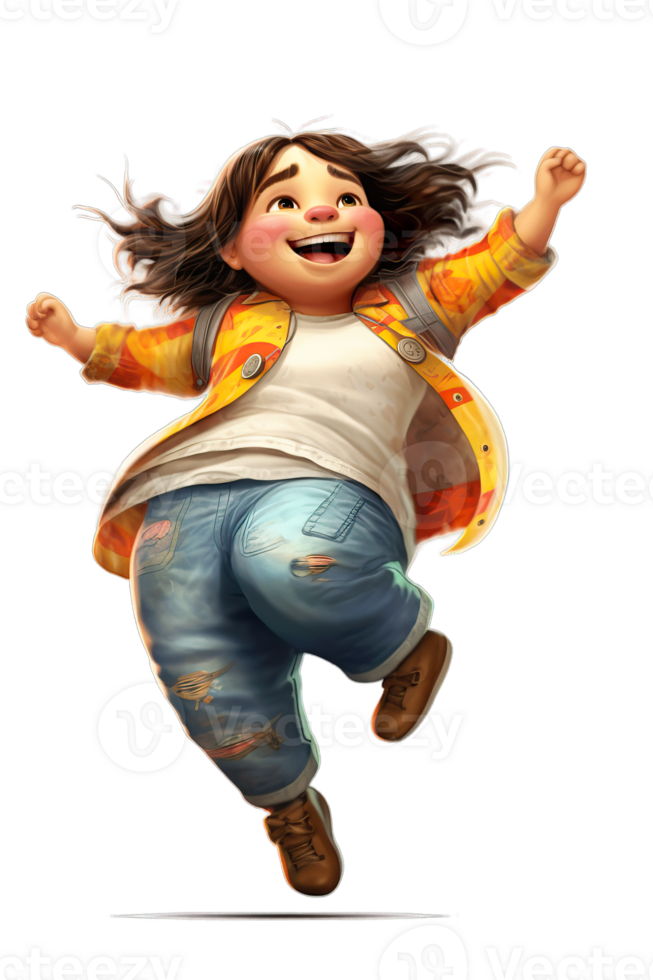 Ai Generated white kid girl dancing, jumping in joy raising hands and laughing, isolated illustration, transparent background png