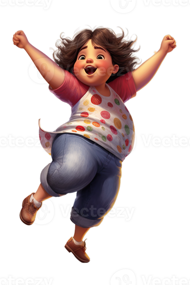 AI Generated white kid girl dancing, jumping in joy raising hands and laughing, isolated illustration, cartoon style character, transparent background png