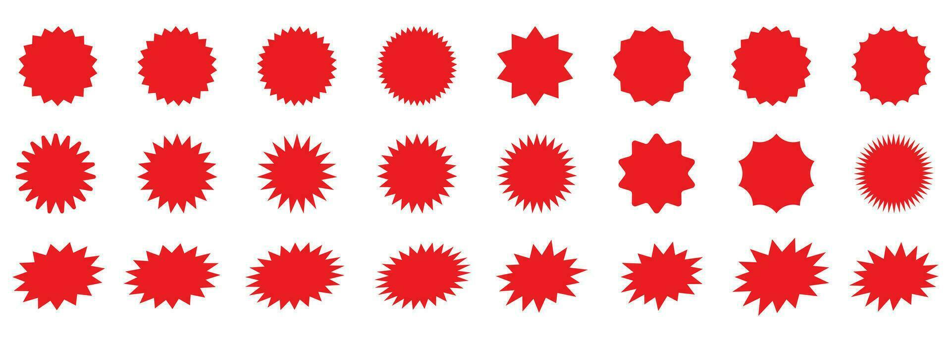 Starburst red sticker set - collection of special offer sale round and oval sunburst labels and buttons isolated on white background. Stickers and badges with star edges for promo advertising. vector