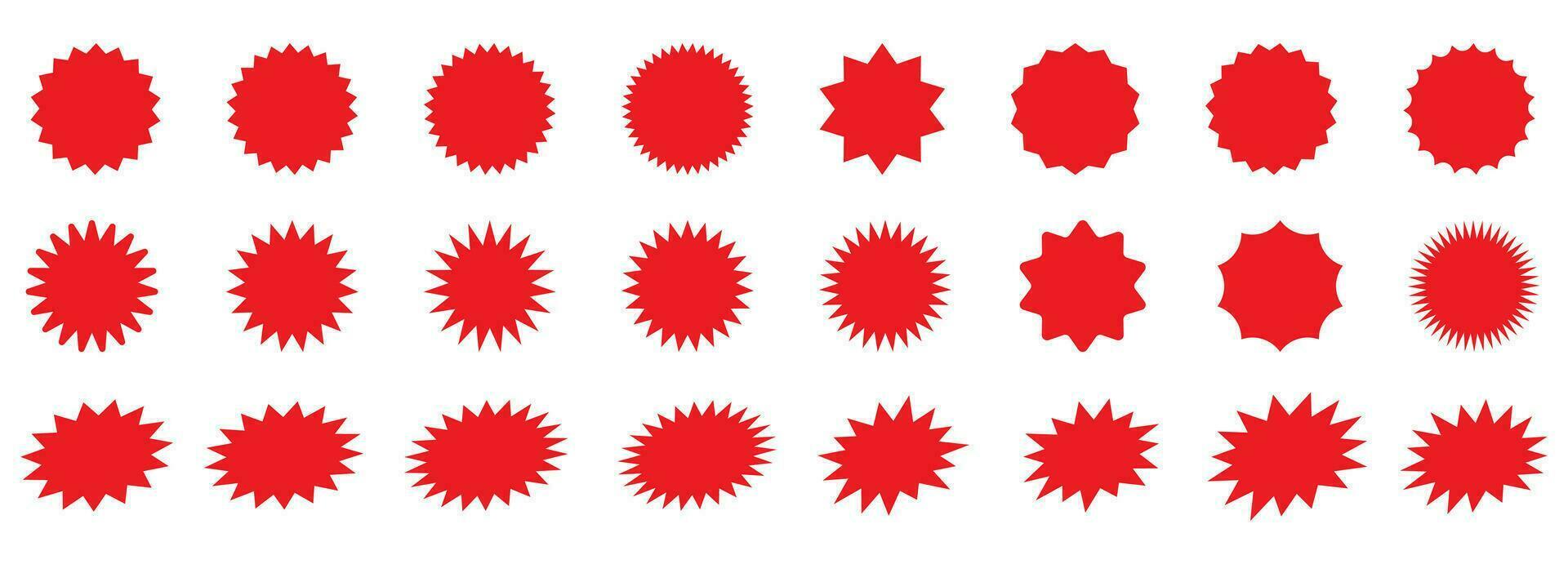 Starburst red sticker set - collection of special offer sale round and oval sunburst labels and buttons isolated on white background. Stickers and badges with star edges for promo advertising. vector