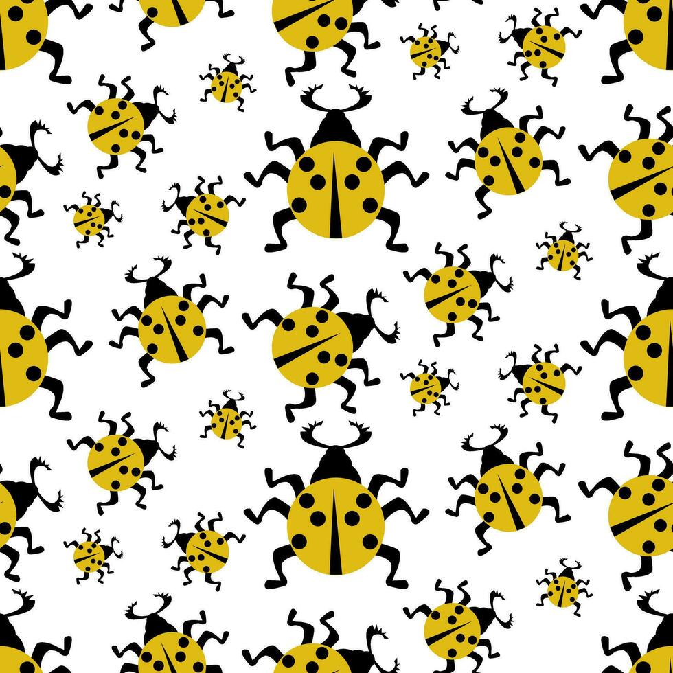 Seamless pattern with yellow ladybugs on a white background. Vector flat illustration. Abstract, geometric insect with legs and wings in different sizes are spreading in different directions