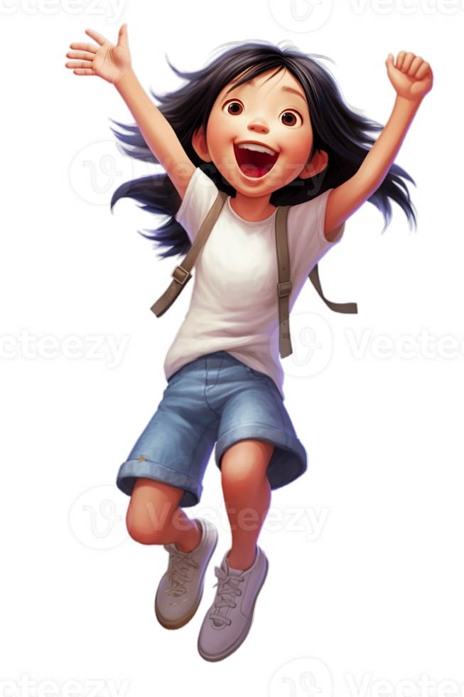 AI Generated Asian kid girl dancing, jumping in joy raising hands and laughing, isolated illustration, cartoon style character, transparent background png