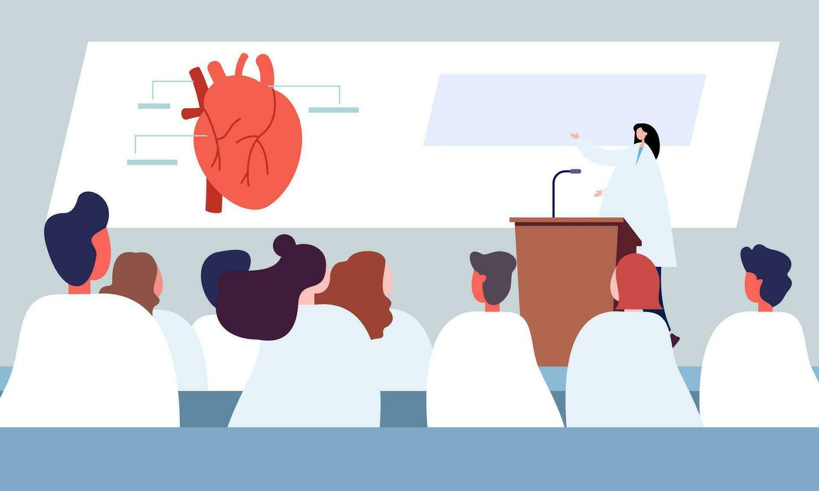 Cartoon pharmacist giving presentation on seminar. Doctor making announcement to audience flat vector illustration. Healthcare, medicine, meeting concept