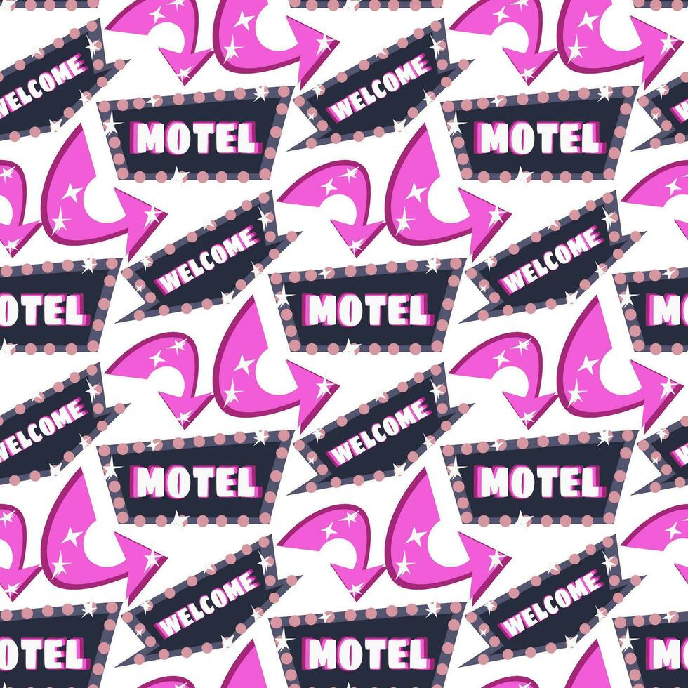 The pattern is a motel sign with an arrow in pink colors. A glowing sign on a white background with glare from light bulbs. Repeating seamless background with directions vector